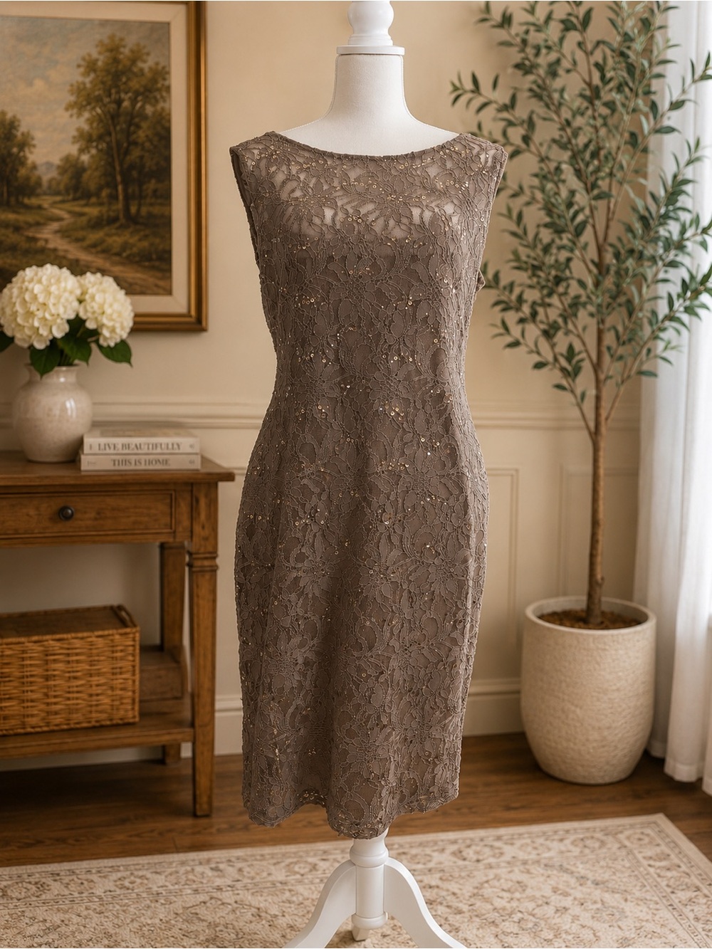 Ronni Nicole Taupe Lace Midi Dress